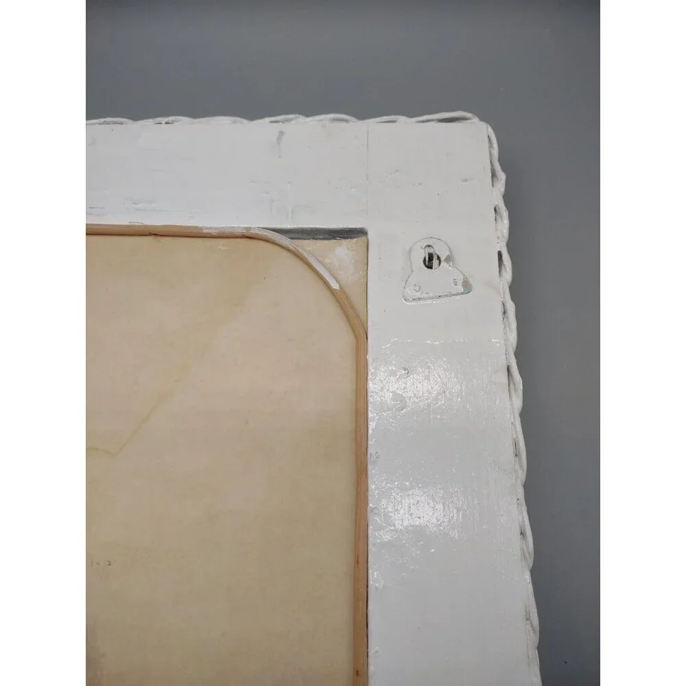 Vintage 1970s White Wicker Wall Mirror Cottage Retro, Rectangular 16